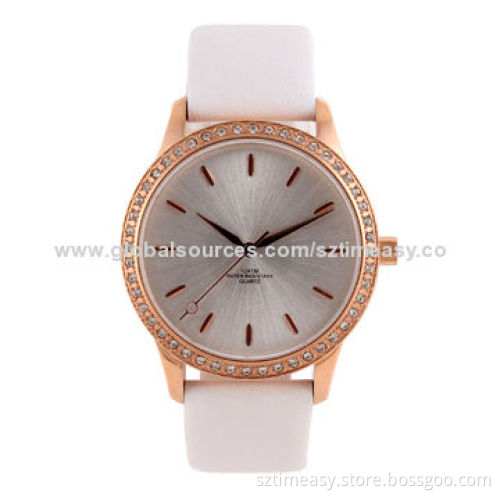 Metal Watch with Luxury Crystal-on Top Ring, Genuine Leather Strap in Various Colors